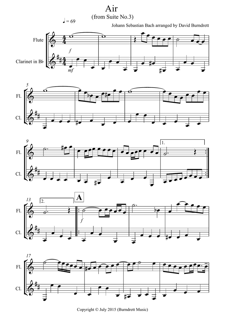 Air on a G String for Flute and Clarinet Duet Clarinet scores gallery preview page 1