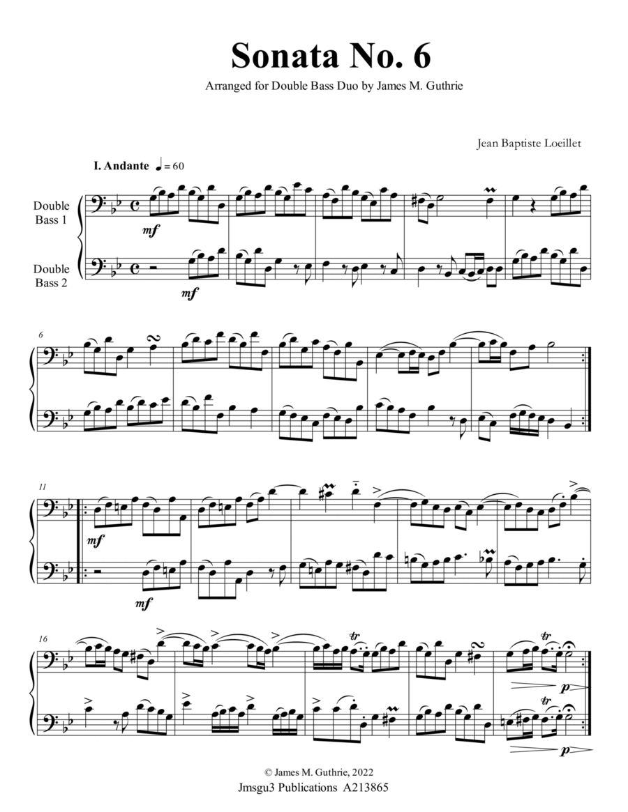 Loeillet: Sonata No. 6 for Double Bass Duo image number null