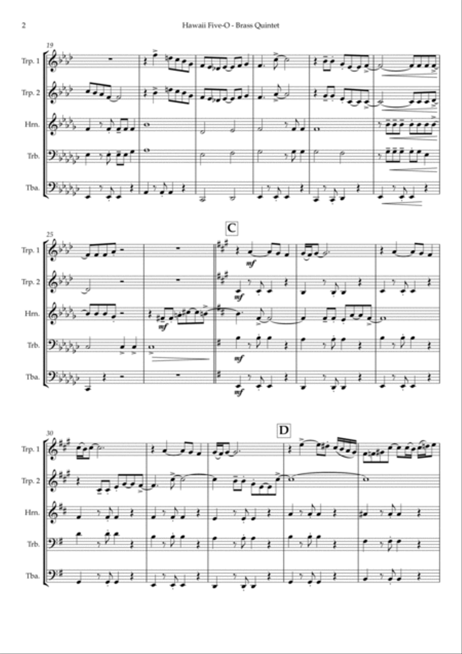 Hawaii Five-o Theme Brass Quintet scores gallery preview page 6