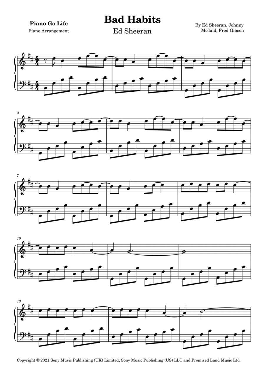 Bad Habits Piano Solo scores gallery preview page 1