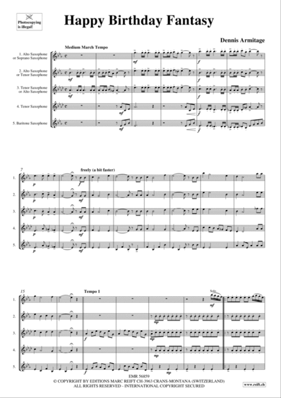 Happy Birthday Fantasy Saxophone Quintet scores gallery preview page 3
