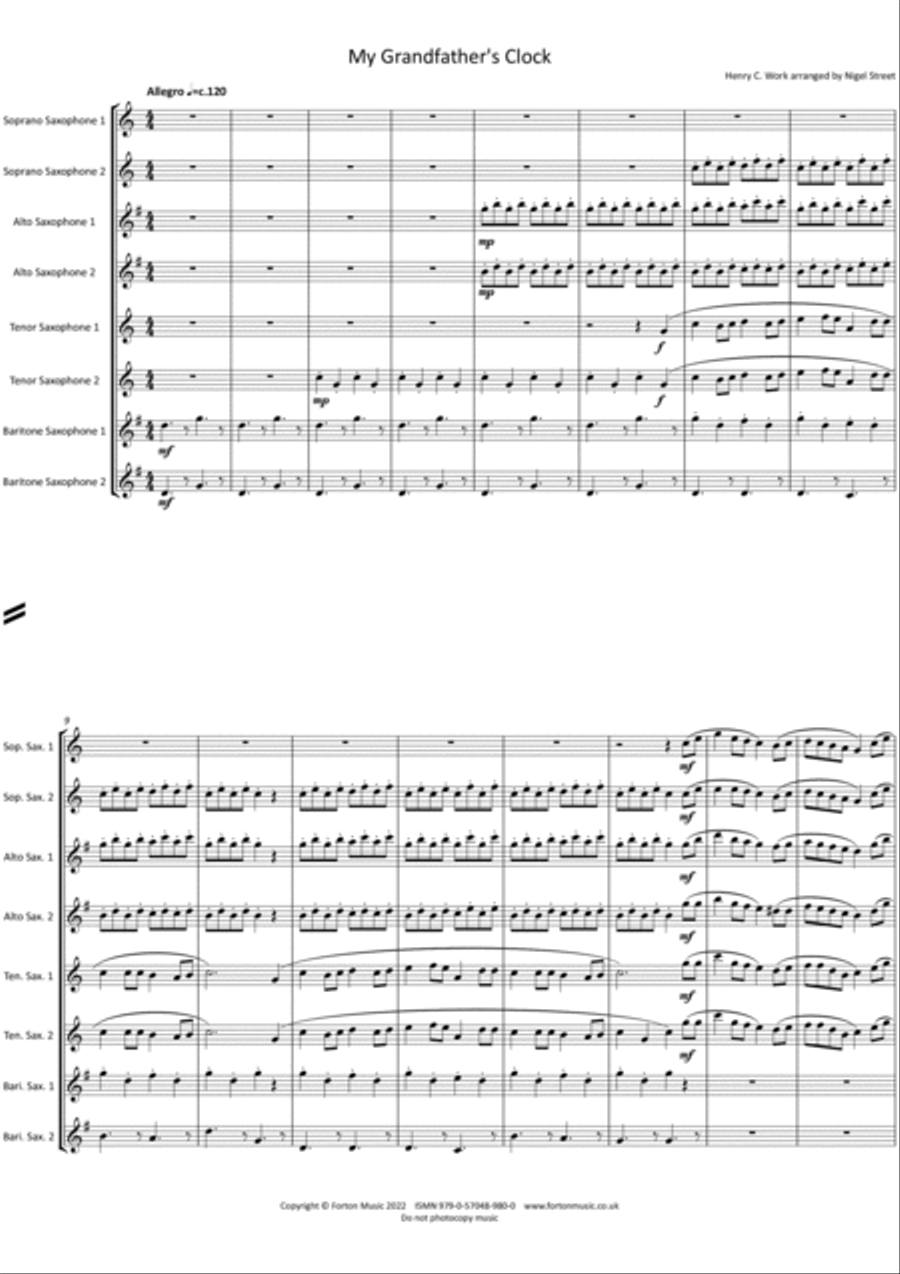 My Grandfather's Clock Saxophone Ensemble scores gallery preview page 2