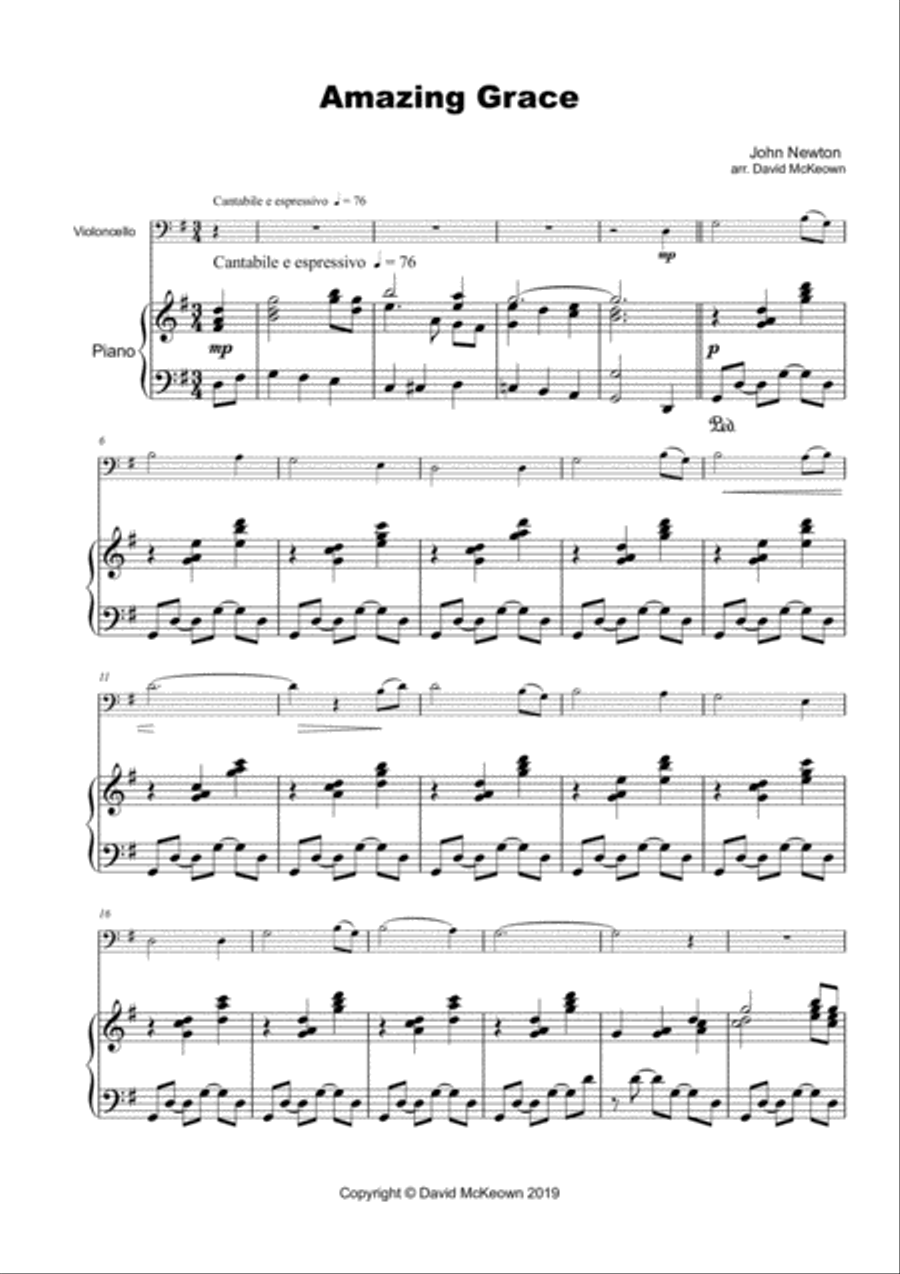 Amazing Grace, Concert Solo for Cello and Piano Piano scores gallery preview page 1
