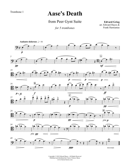 Aase's Death from Peer Gynt for 5-part Trombone Ensemble