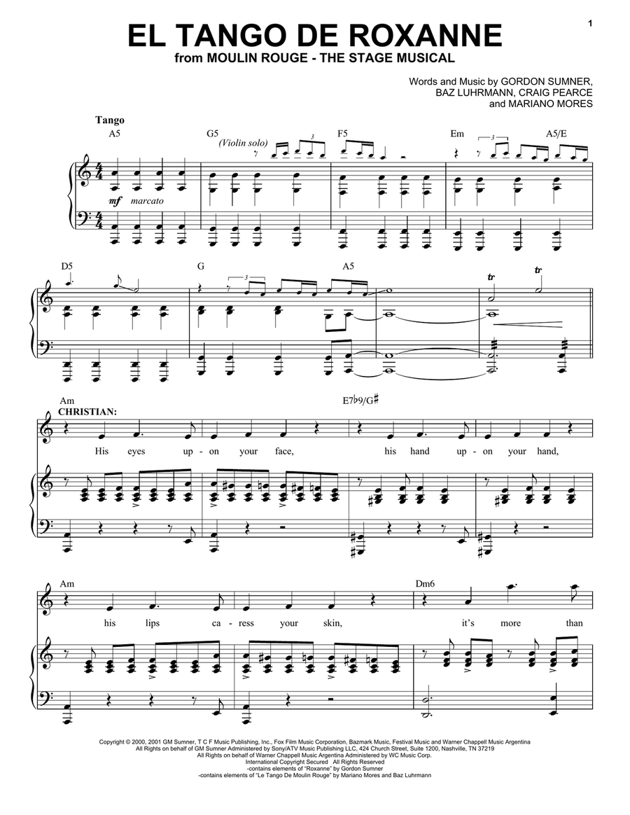 El Tango De Roxanne (from Moulin Rouge! The Musical) Voice scores gallery preview page 1