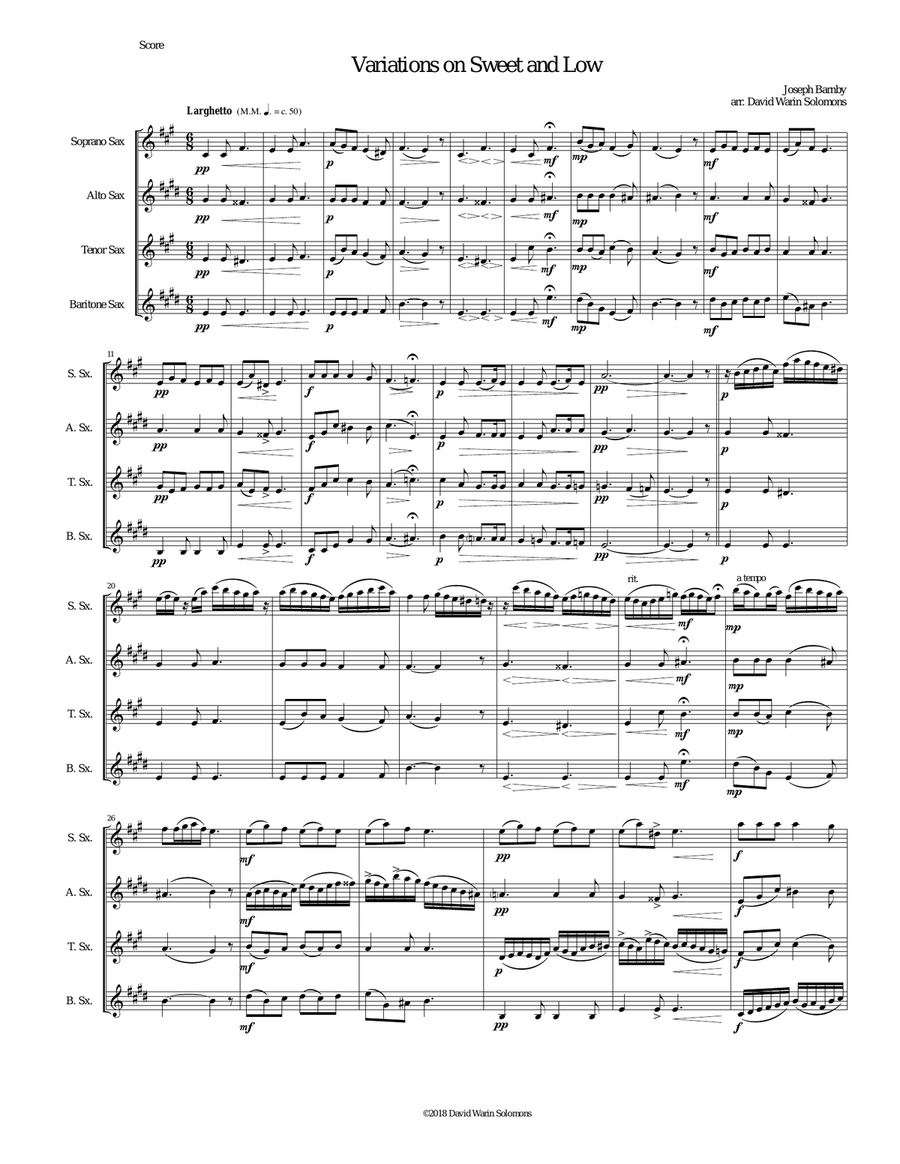 Variations on Joseph Barnby’s Sweet and Low for saxophone quartet Saxophone Quartet scores gallery preview page 1