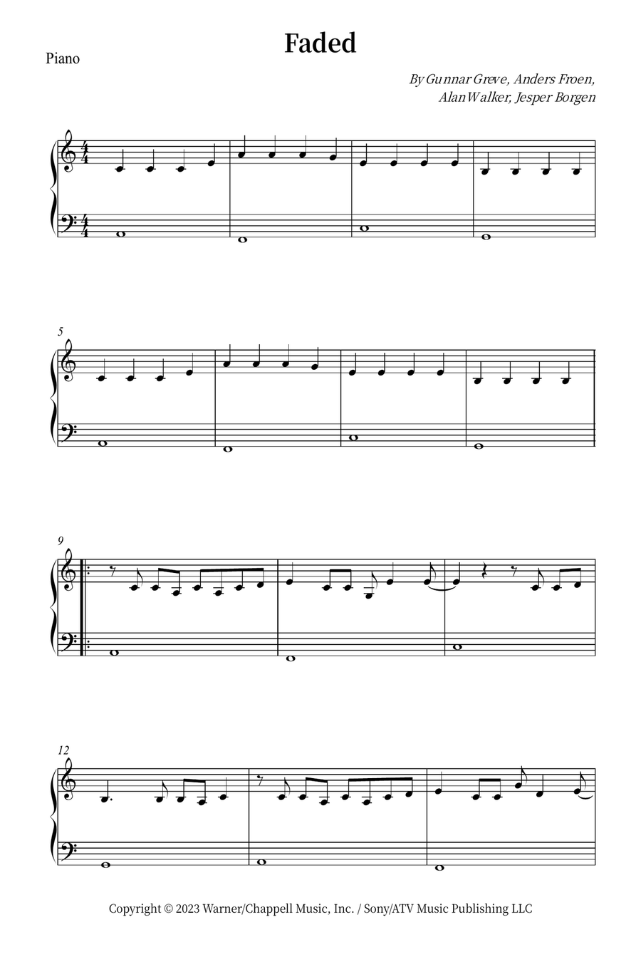 Faded Easy Piano scores gallery preview page 1