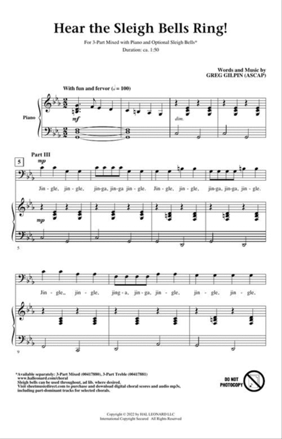 Hear the Sleigh Bells Ring by Greg Gilpin 3 Part Sheet Music