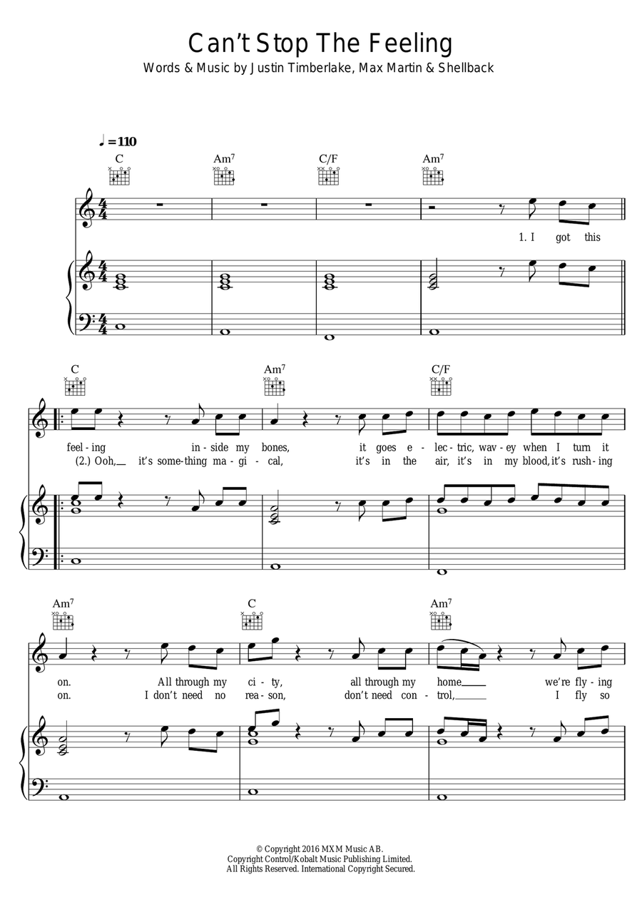 Can't Stop The Feeling Piano, Vocal, Guitar scores gallery preview page 1