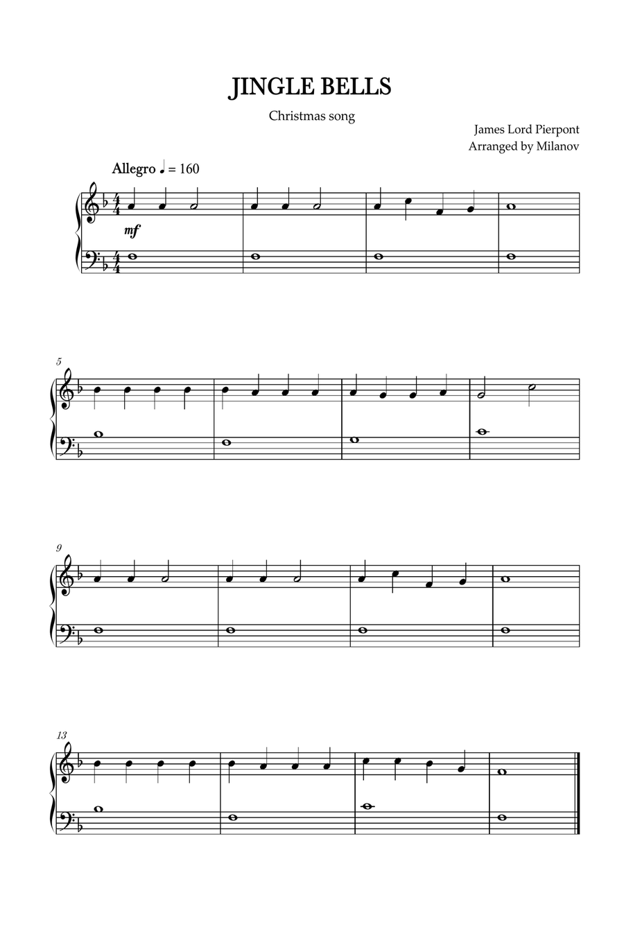 Jingle Bells | Pierpont | Christmas song | piano | easy | F Major Easy Piano scores gallery preview page 1