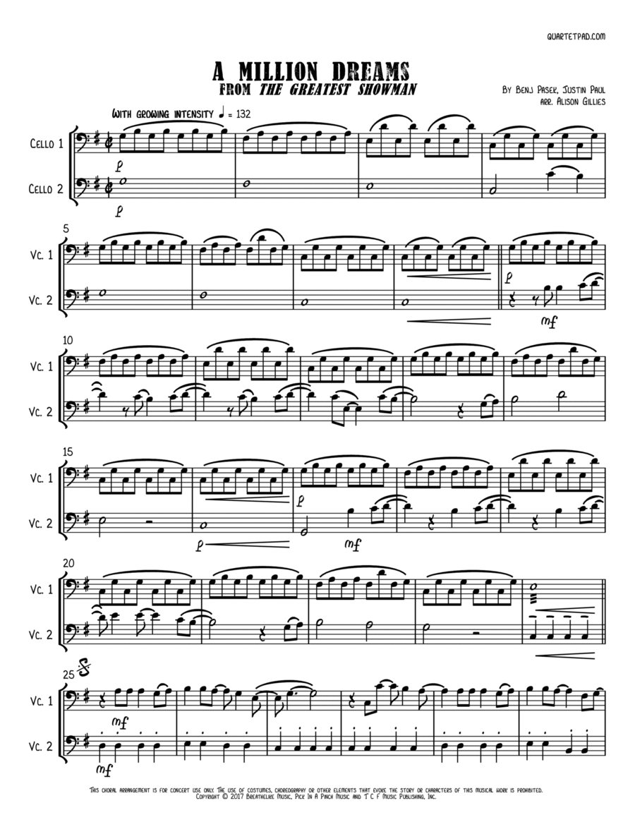 A Million Dreams String Duet scores gallery preview page 1