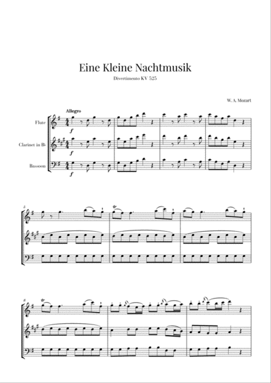 Eine Kleine Nachtmusik for Flute, Clarinet and Bassoon Woodwind Trio scores gallery preview page 1