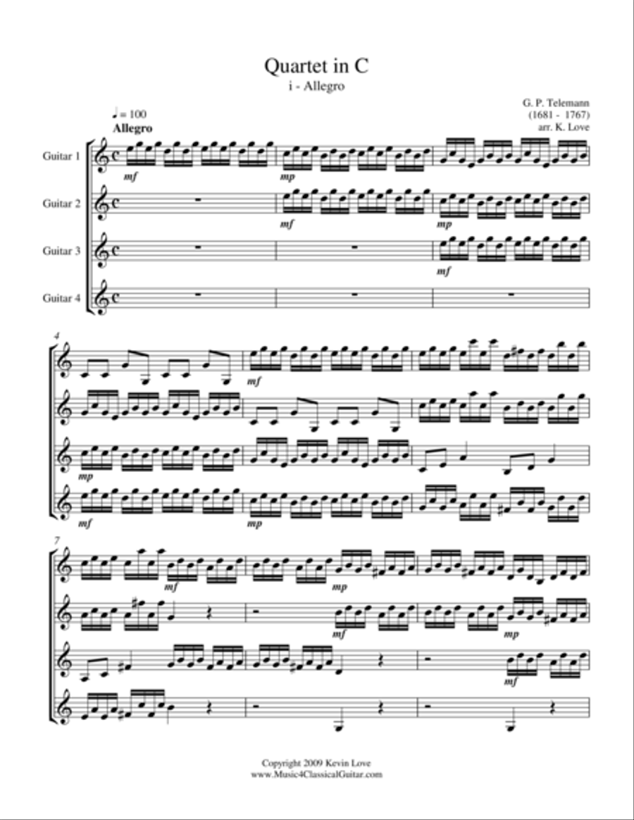 Quartet in C (Guitar Quartet) - Score and Parts Guitar Ensemble scores gallery preview page 1