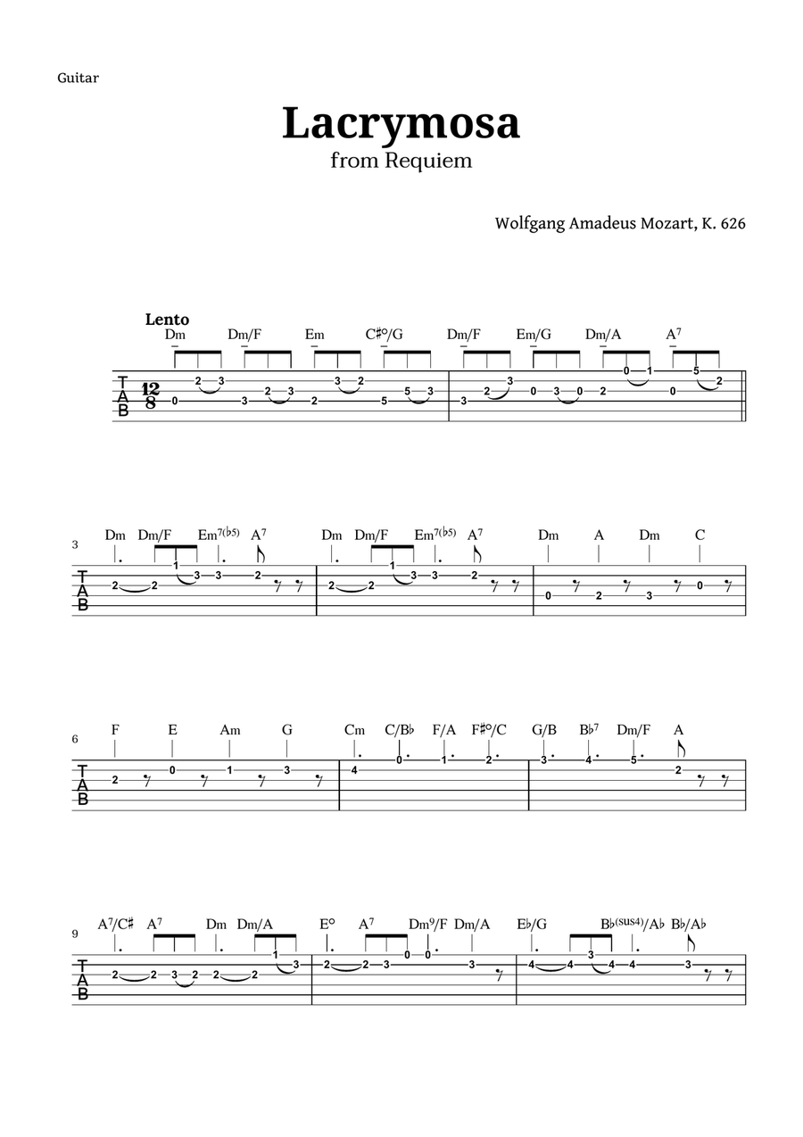 Lacrymosa from Requiem by Mozart for Guitar TAB Acoustic Guitar scores gallery preview page 1