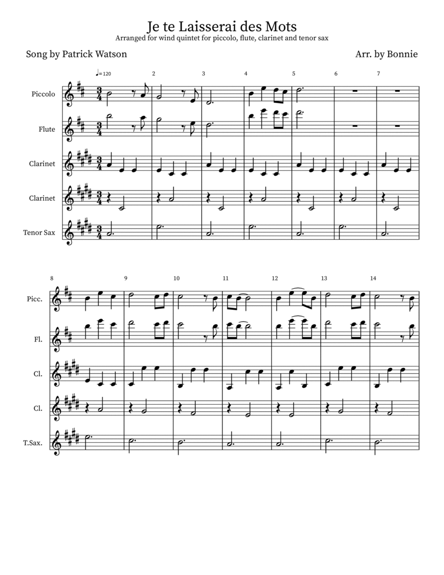 Je Te Laisserai Des Mots Woodwind Quintet scores gallery preview page 1