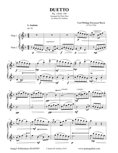 CPE Bach: Duetto Wq. 140 for Flute Duo image number null