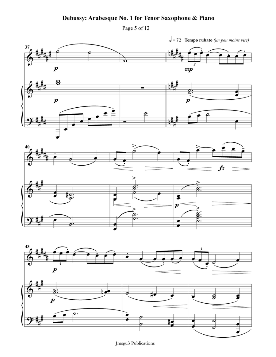 Debussy: Arabesque 1 for Tenor Sax & Piano Tenor Saxophone scores gallery preview page 5