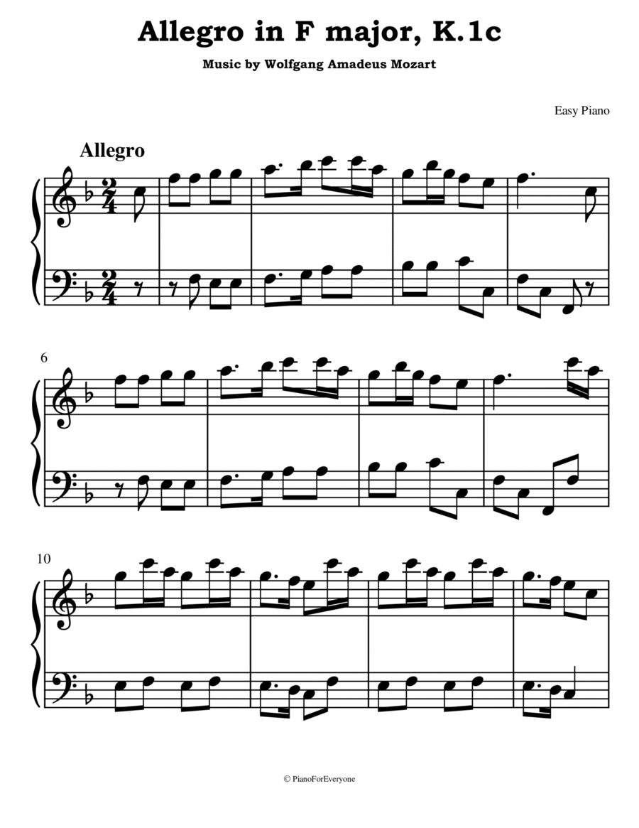 Allegro in F major, K.1c - Mozart (Easy Piano) Easy Piano scores gallery preview page 1