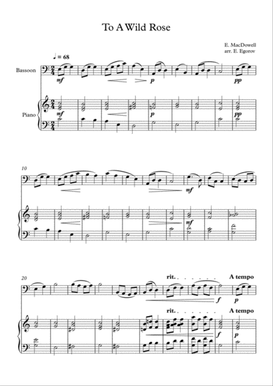 To A Wild Rose, Edward MacDowell, For Bassoon & Piano Bassoon Solo scores gallery preview page 1