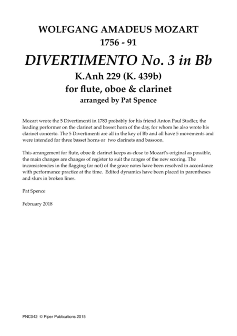 W.A. MOZART DIVERTIMENTO NO. 3 IN Bb K. Anh. 229 Woodwind Trio scores gallery preview page 2