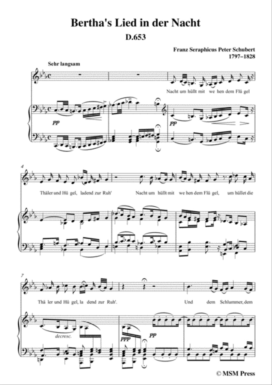 Schubert-Bertha's Lied in der Nacht(Bertha's Night Song),D.653,in E flat Major,for Voice&Piano Voice scores gallery preview page 3
