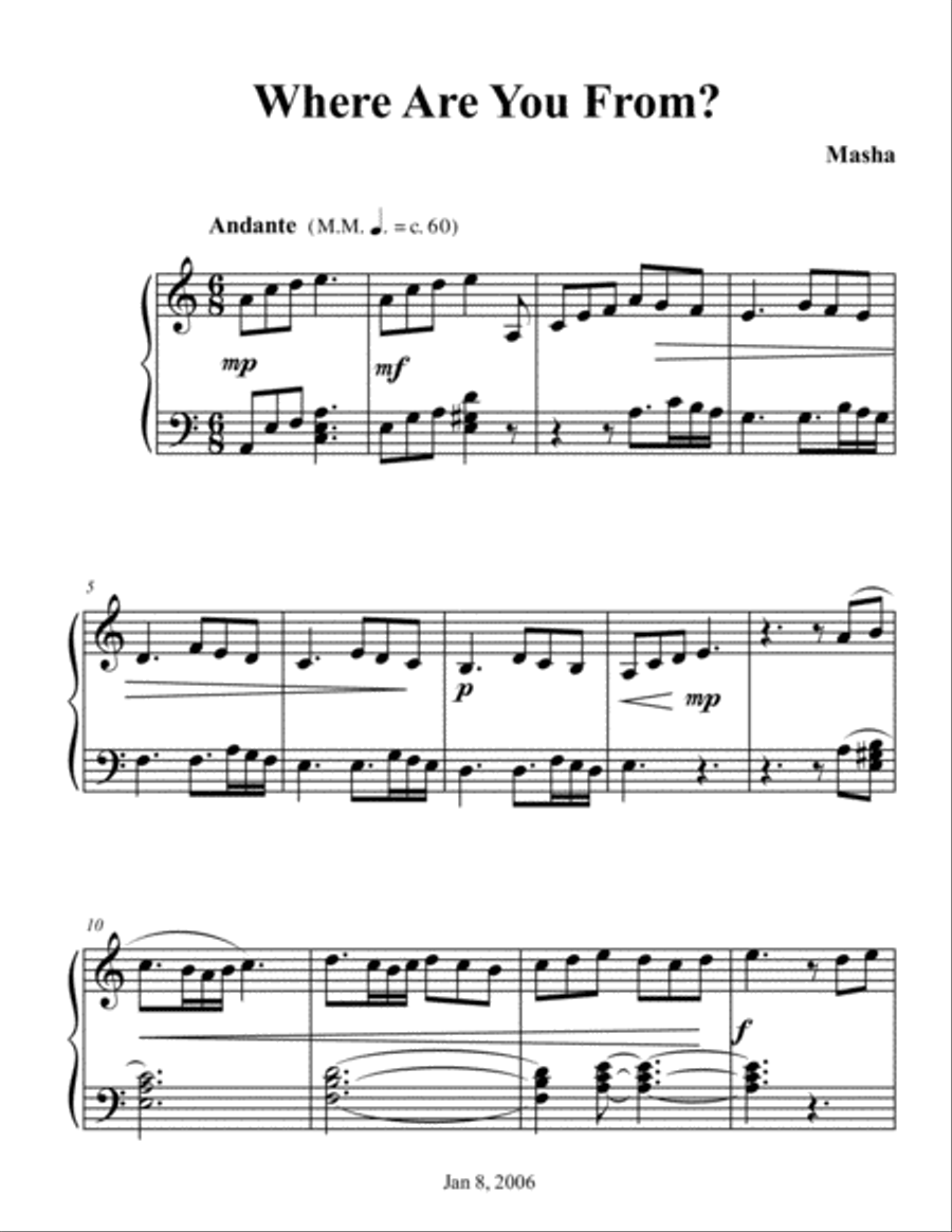 Where are you From Piano Solo scores gallery preview page 1