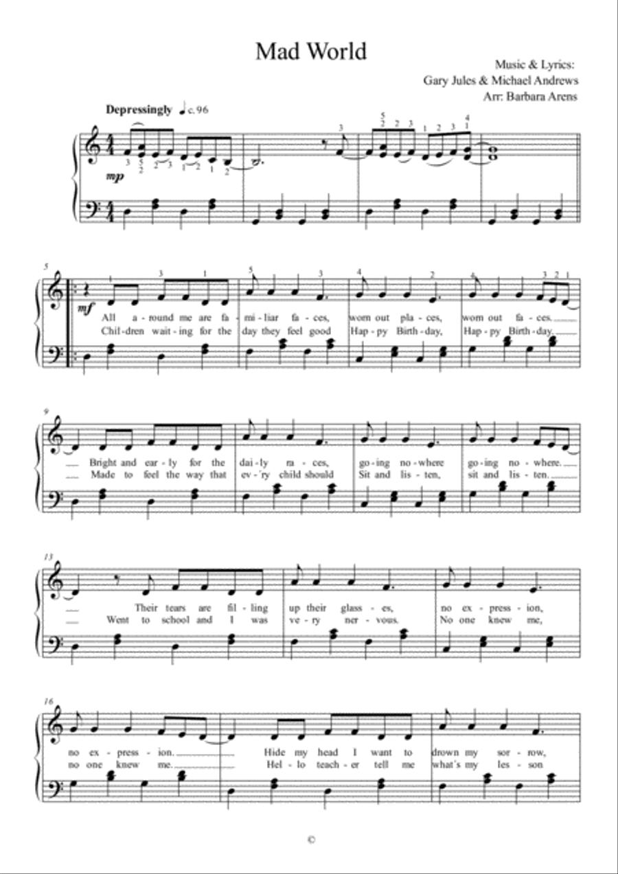 Mad World Piano Solo scores gallery preview page 1