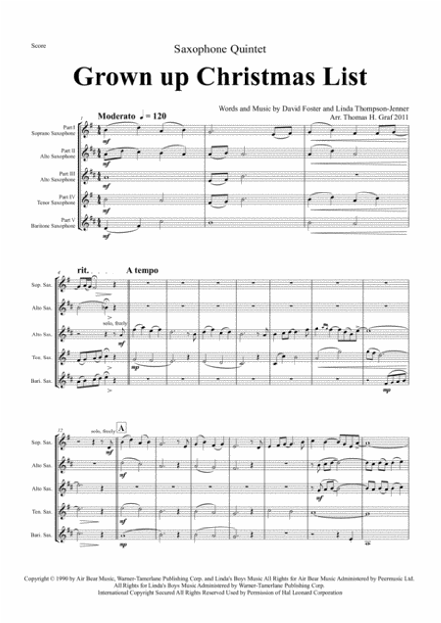 Grown-Up Christmas List Saxophone Quintet scores gallery preview page 1