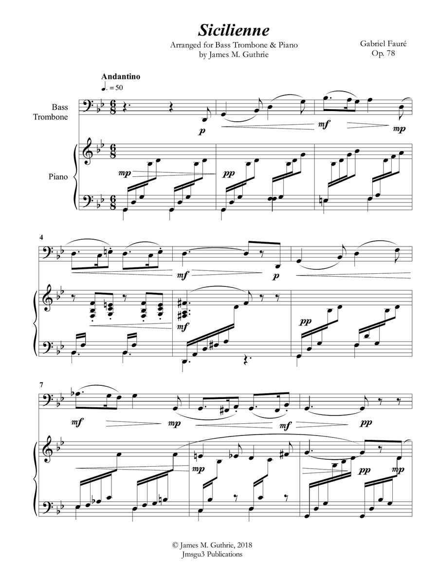 Fauré: Sicilienne for Bass Trombone & Piano Trombone scores gallery preview page 1