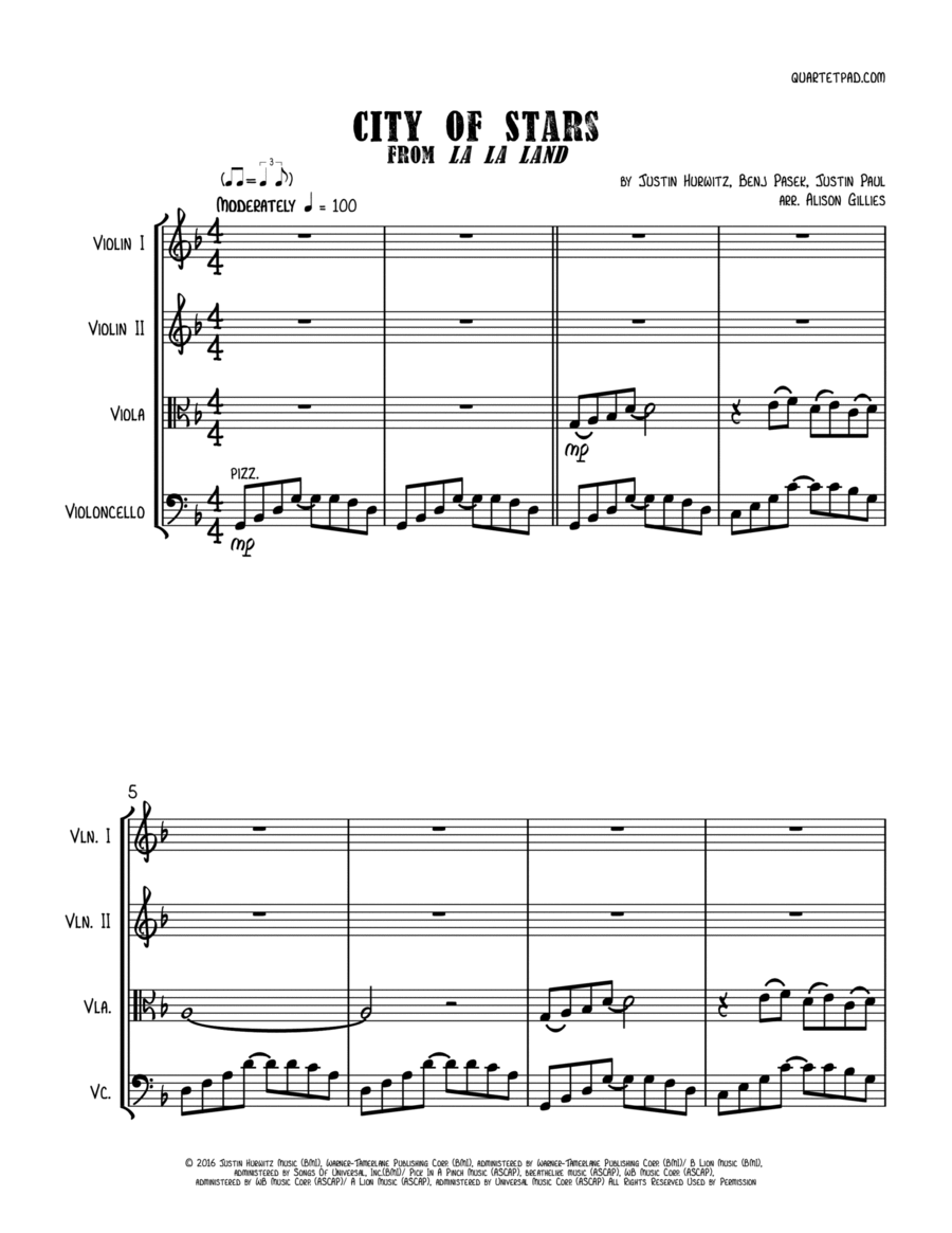 City Of Stars String Quartet scores gallery preview page 1