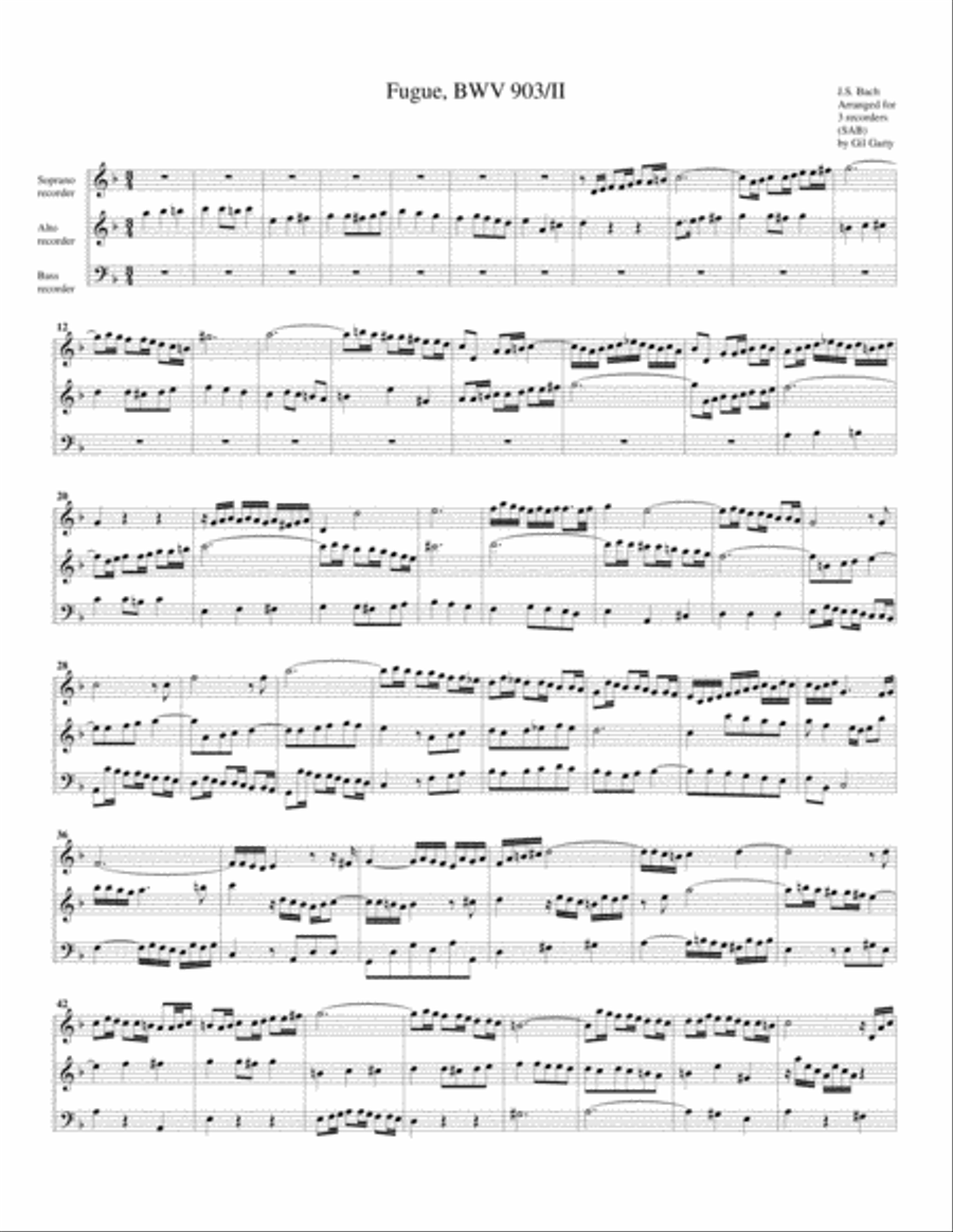 Fugue from Chromatische Fantasie und Fuge, BWV 903/II (arrangement for 3 recorders) Recorder scores gallery preview page 1