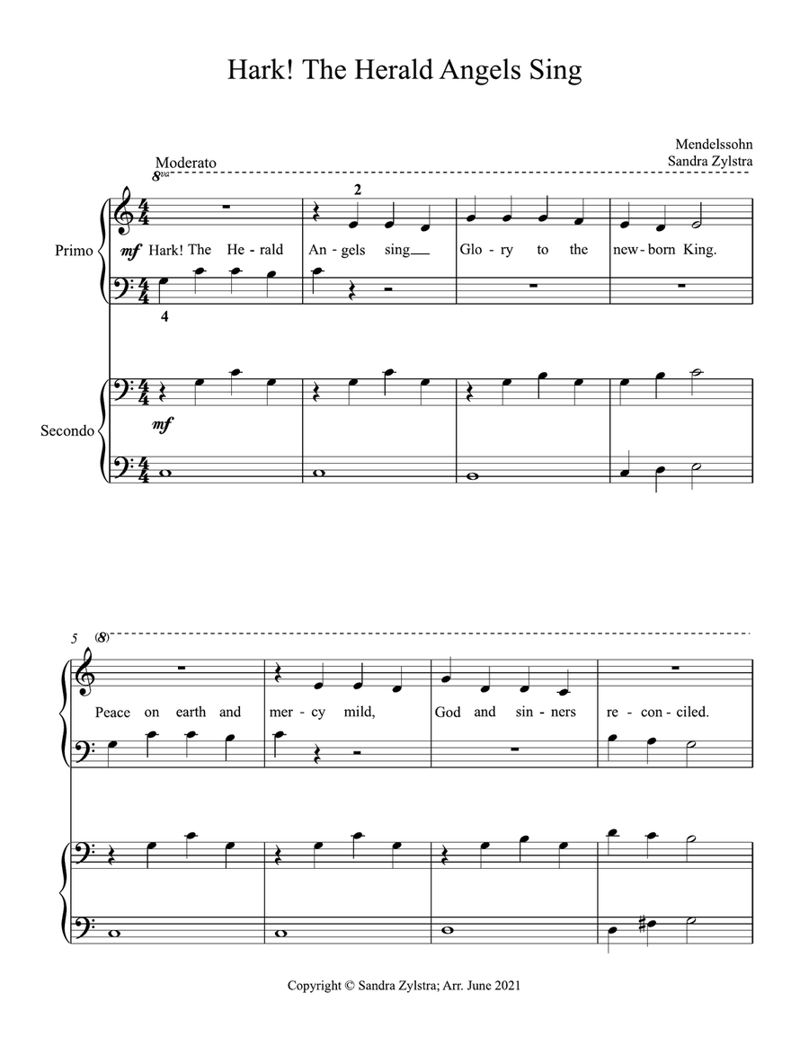 Hark! The Herald Angels Sing (beginning solo with optional elementary duet) Easy Piano scores gallery preview page 1