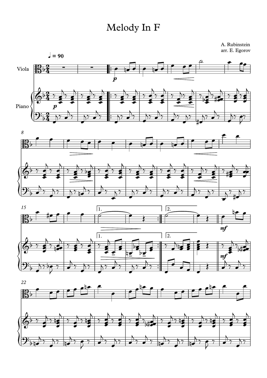 Melody In F, Anton Rubinstein, For Viola & Piano Viola scores gallery preview page 1