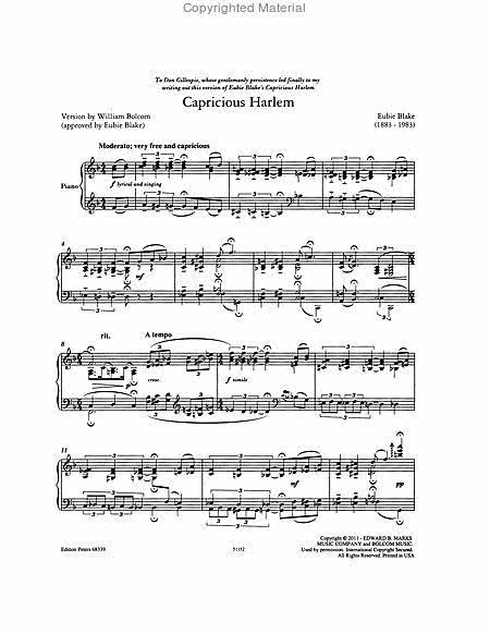 Capricious Harlem for piano (Version by William Bolcom)