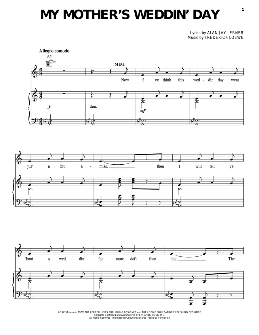 My Mother's Weddin' Day Piano, Vocal, Guitar scores gallery preview page 1