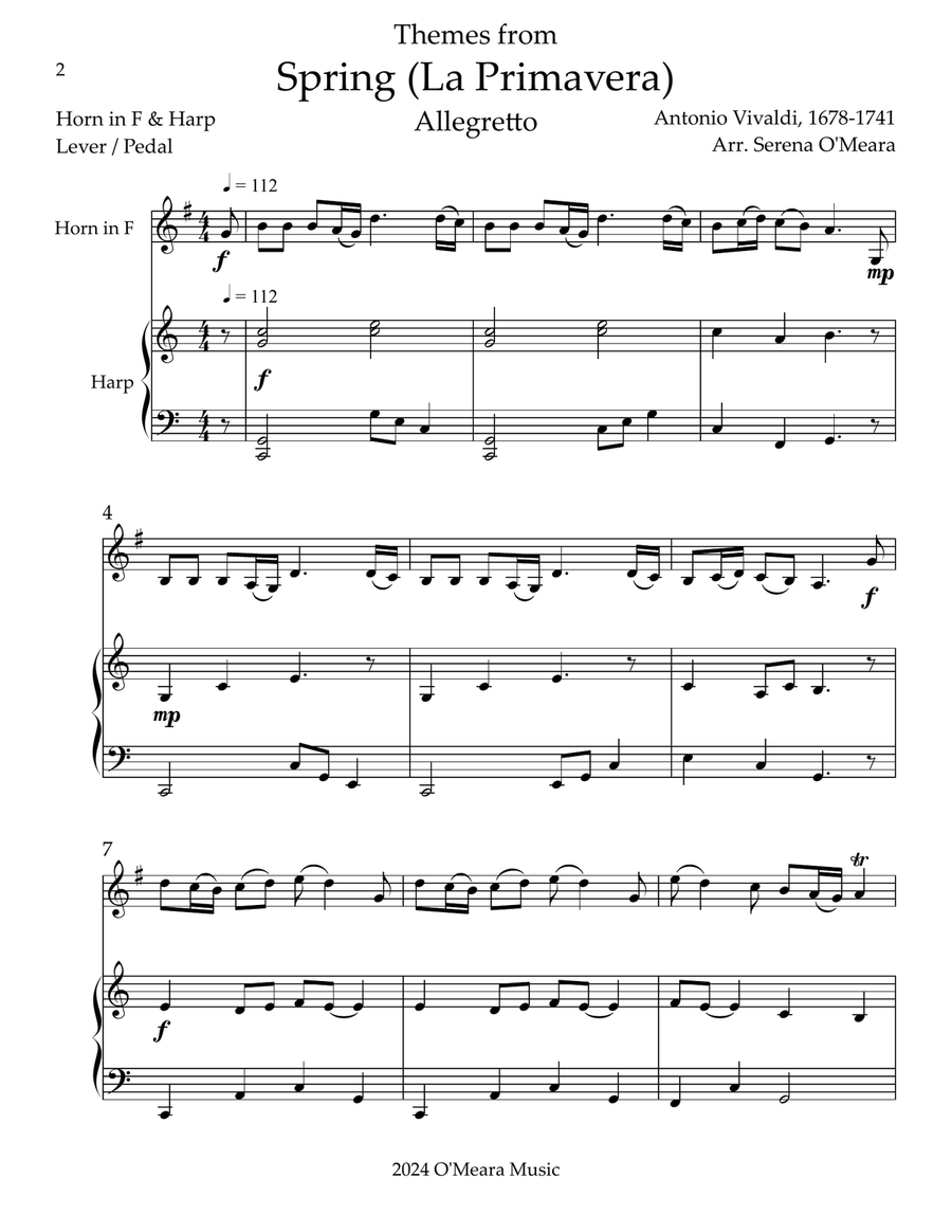 Spring (La Primavera), Duet for Horn in F & Harp Harp scores gallery preview page 2