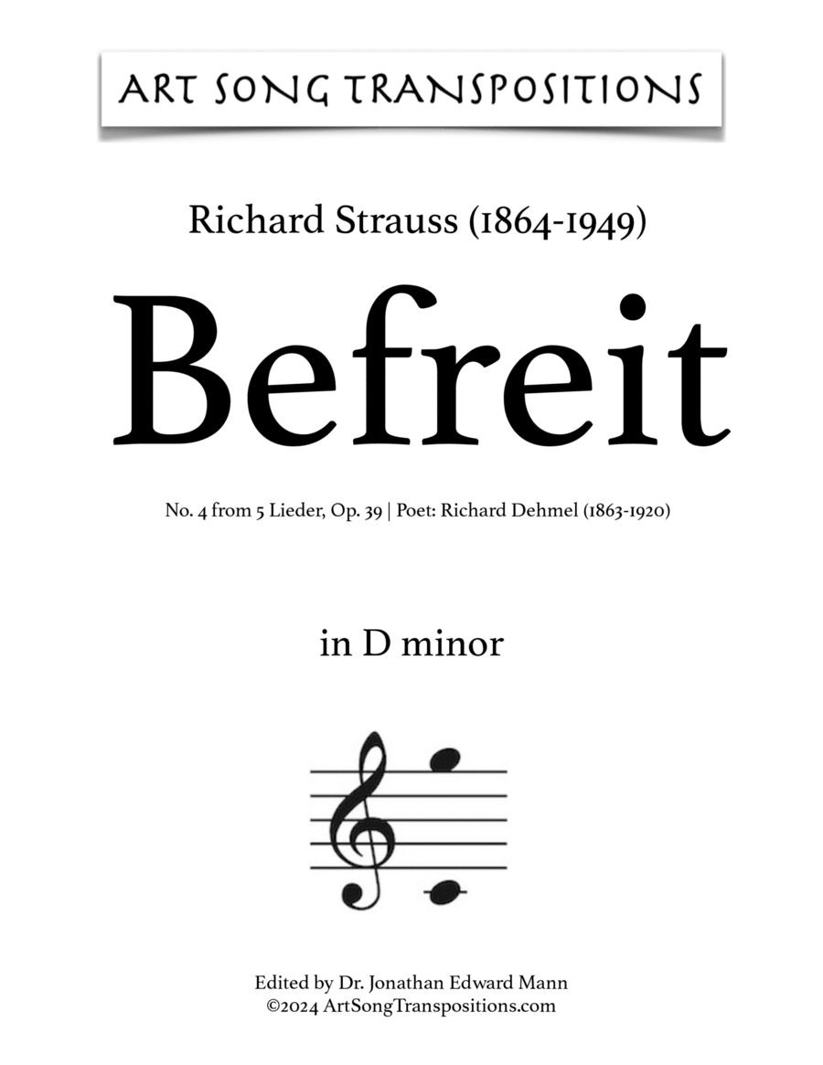 STRAUSS: Befreit, Op. 39 no. 4 (transposed to D minor) Voice scores gallery preview page 1
