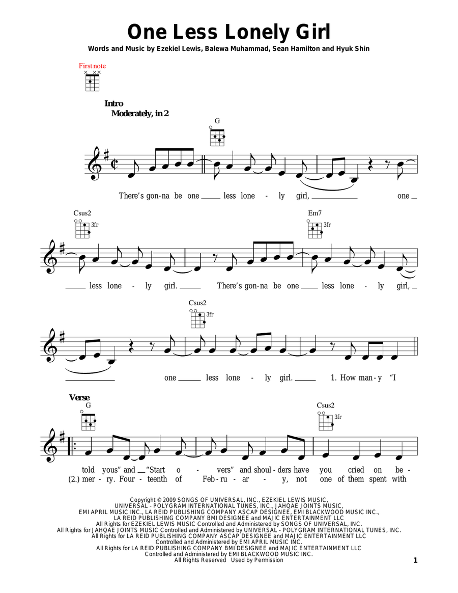 One Less Lonely Girl Ukulele scores gallery preview page 1