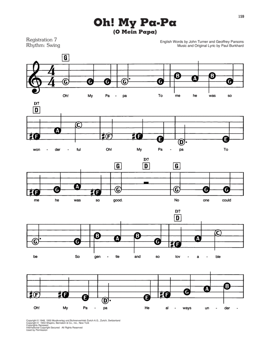 Oh! My Pa-Pa (O Mein Papa) Electronic Keyboard scores gallery preview page 1