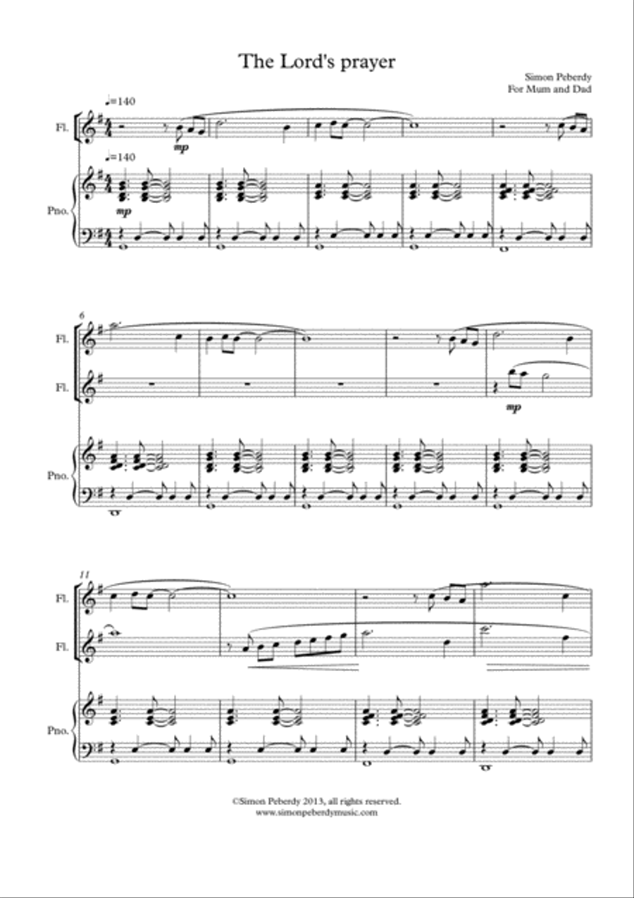 The Lord's Prayer, easy modern setting for SATB, piano and 2 flutes