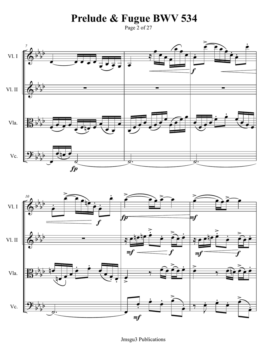 Bach: Prelude & Fugue in F Minor BWV 534 for String Quartet String Quartet scores gallery preview page 2