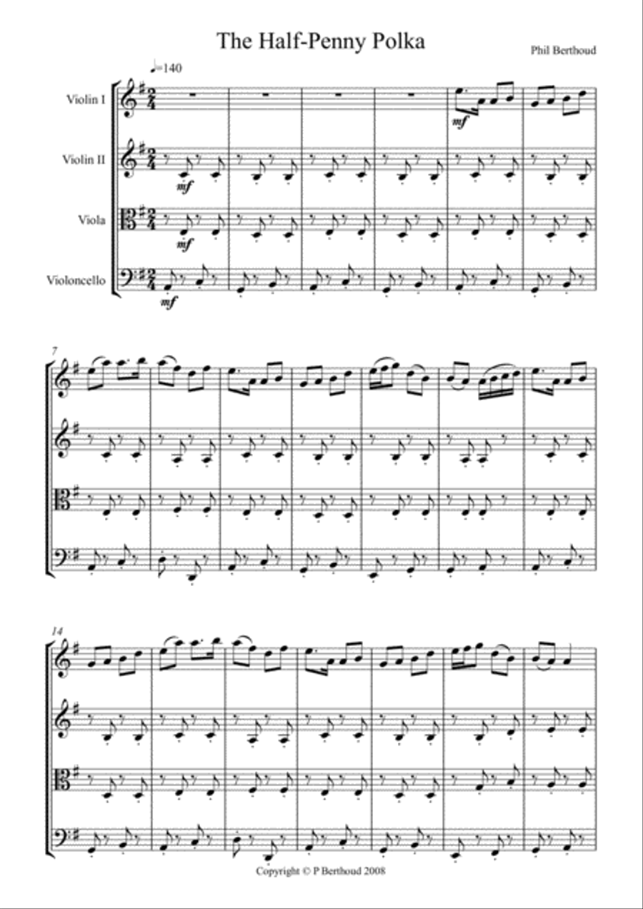 Halfpenny Polka for String Quartet String Quartet scores gallery preview page 1