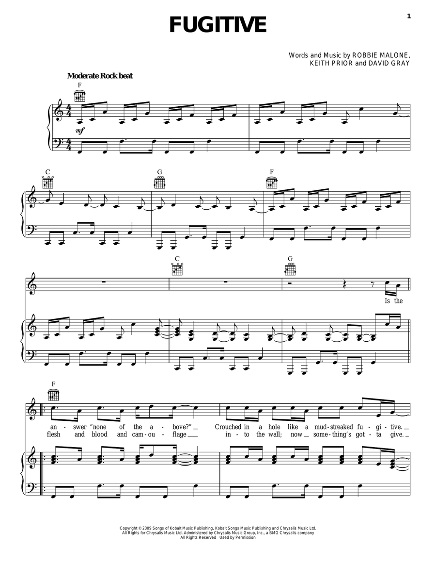 Fugitive Piano, Vocal, Guitar scores gallery preview page 1