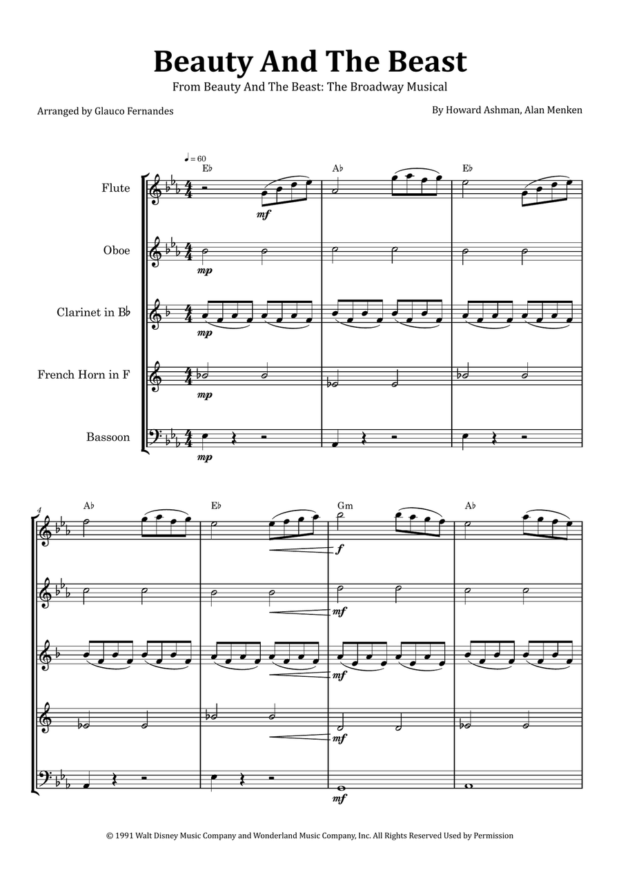 Beauty And The Beast Woodwind Quintet scores gallery preview page 1