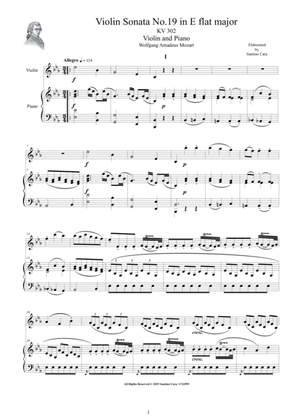 Mozart - Violin Sonata No.19 in E flat major KV 302 for Violin and Piano - Score and Part