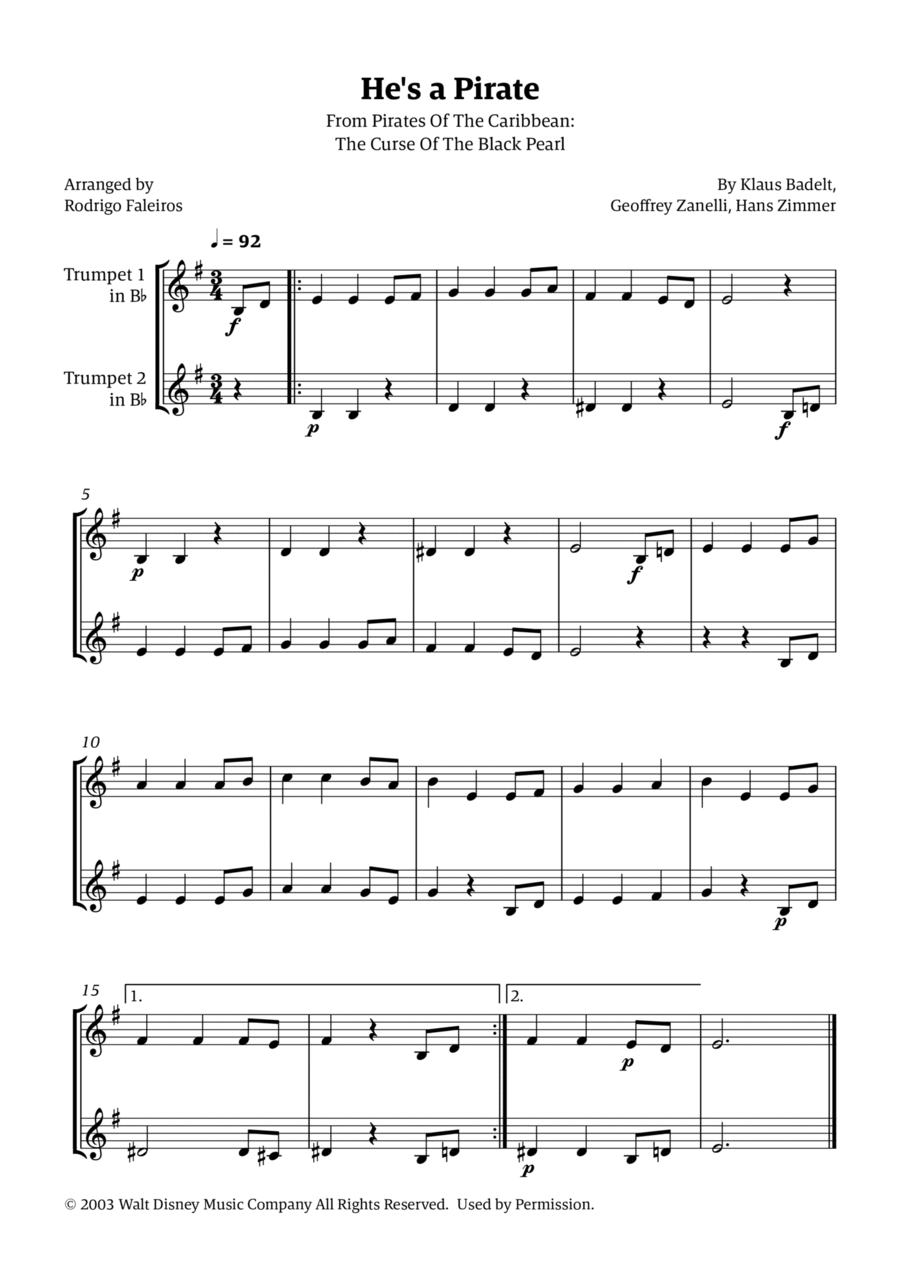He's A Pirate Trumpet Duet scores gallery preview page 1