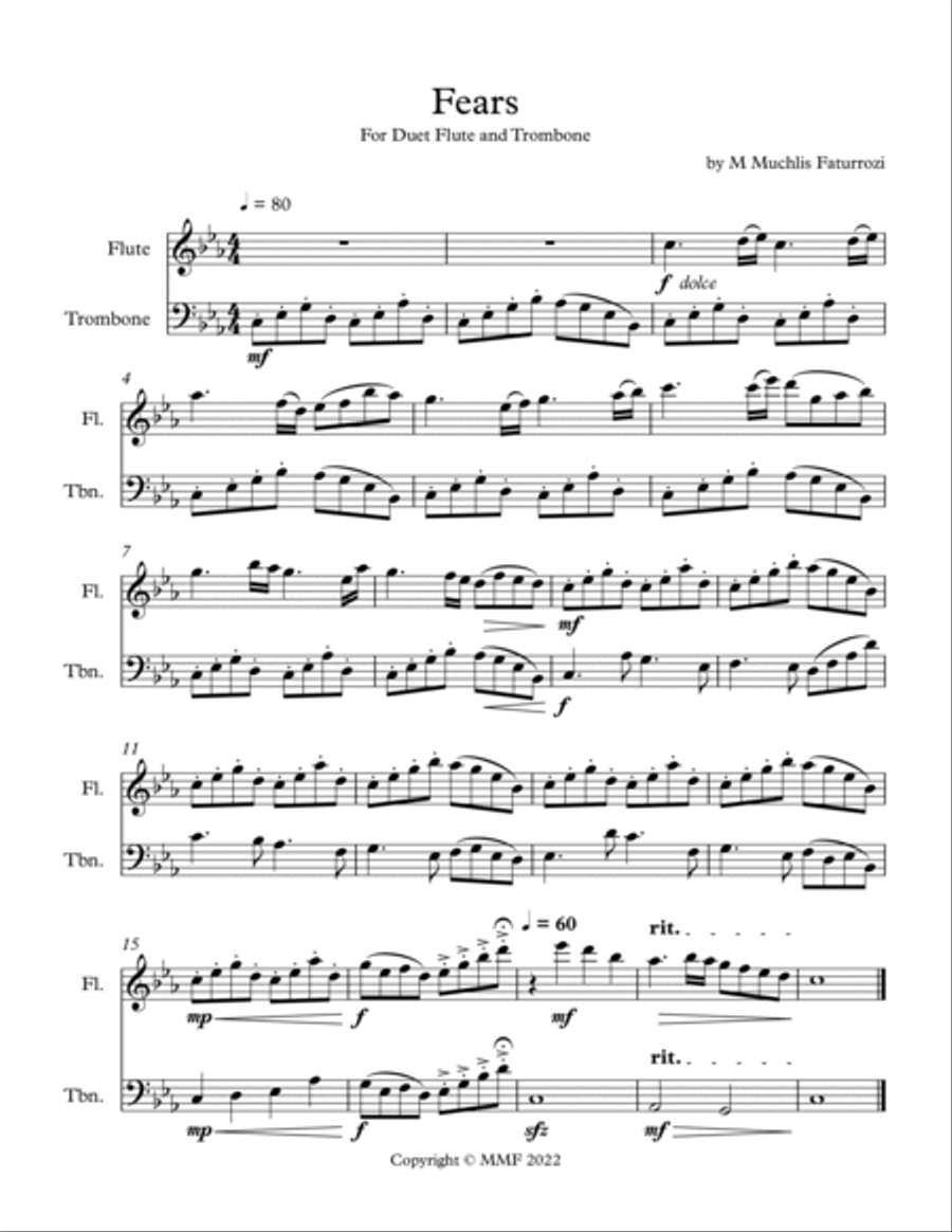 Fears for Duet Flute and Trombone Flute scores gallery preview page 2