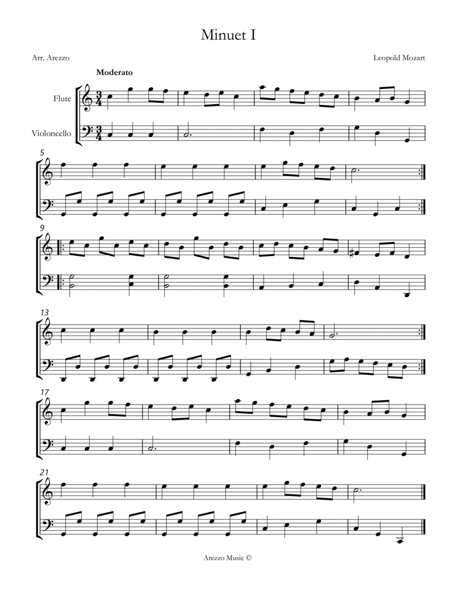 leopold mozart notebook for wolfgang minuet I Flute and Cello sheet music Chamber Music scores gallery preview page 1
