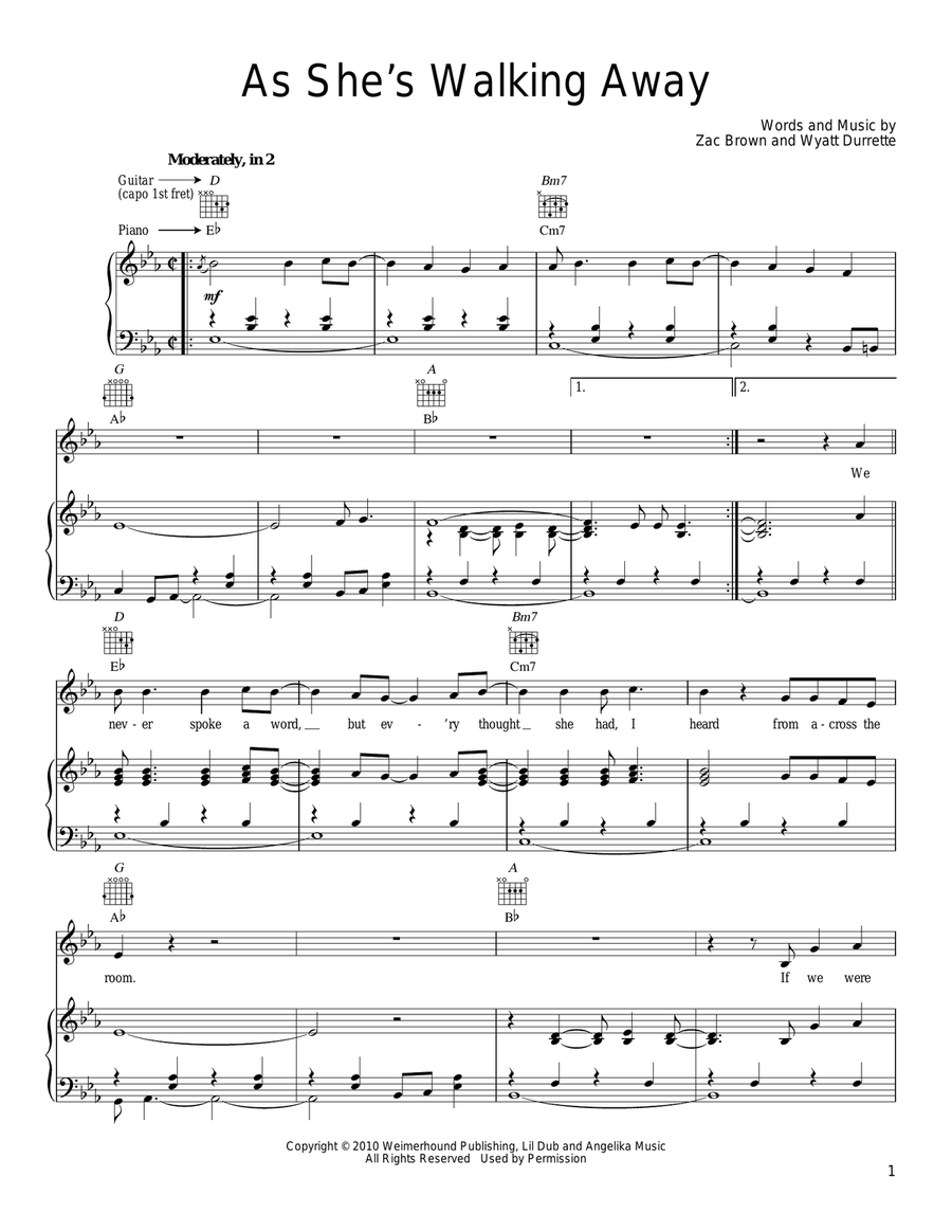 As She's Walking Away Piano, Vocal, Guitar scores gallery preview page 1