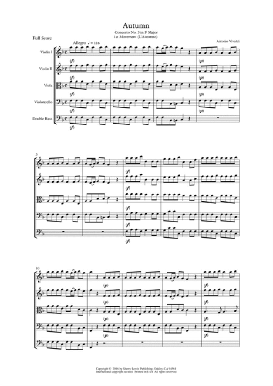AUTUMN, Allegro by Vivaldi String Trio, Intermediate Level for 2 violins and cello or violin, viola String Trio scores gallery preview page 4